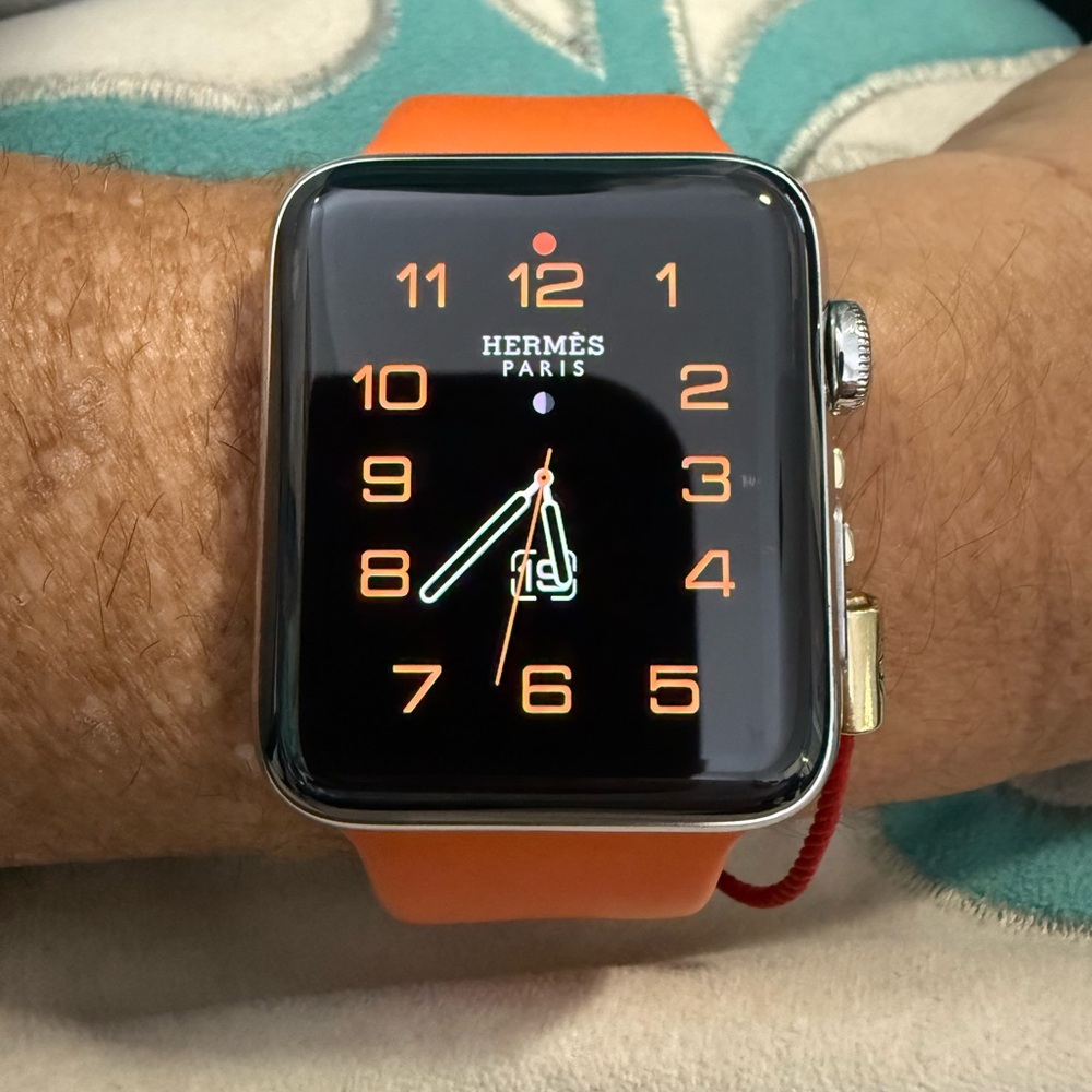 HERMES APPLE WATCH 42MM SERIES 3 Sapphire Crystal Face SS Case Orange M/L Band.